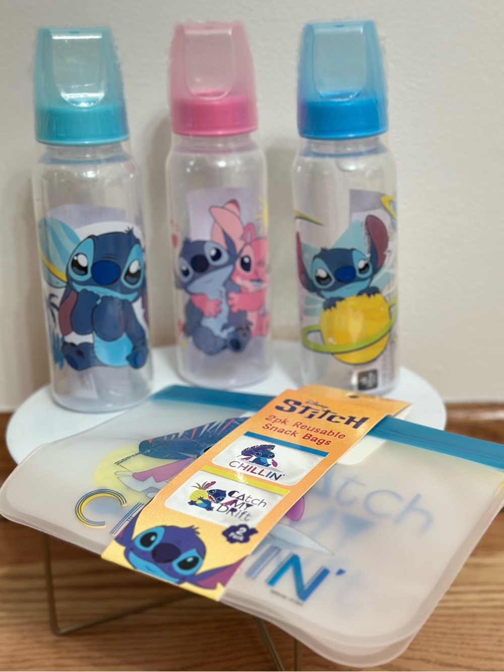 NWT Disney Lilo & Stitch Baby Bottles and Reusable Silicone Snack Bags Blue
